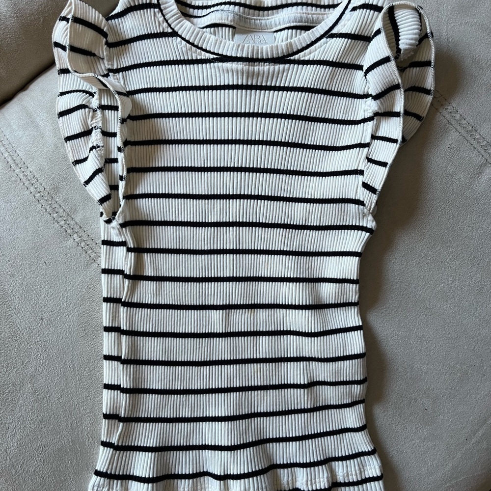 Zara Striped Fitted Ruffle Ribbed Tank 6/7 - Picture 3 of 4